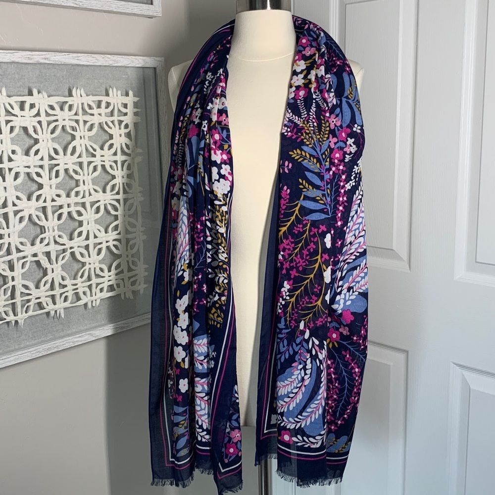 Navy blue floral scarf with pink, yellow, white, green print
